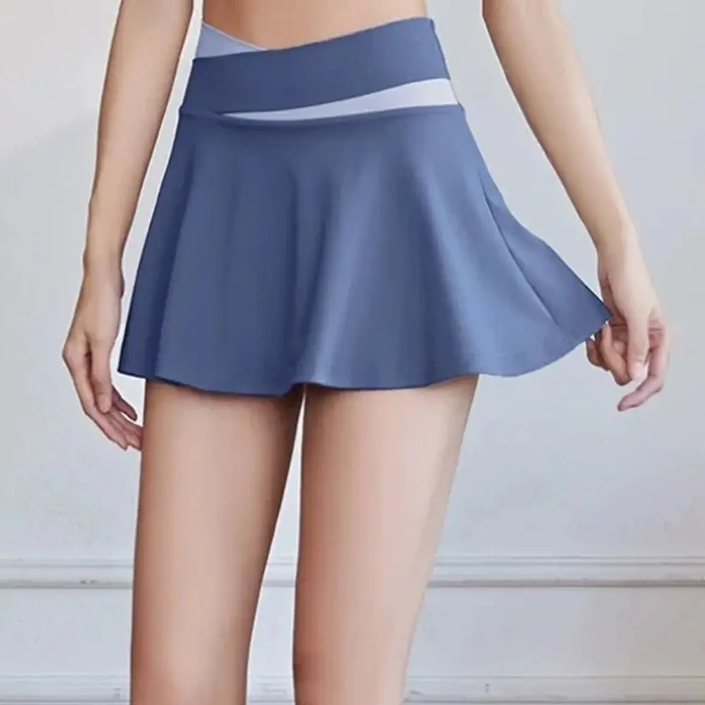 

Cross-waist Women's Tennis Skirts Soft Stretchy Breathable Sport Golf Skirt Built-in Shorts Color Blocking Fitness Skirt Tennis