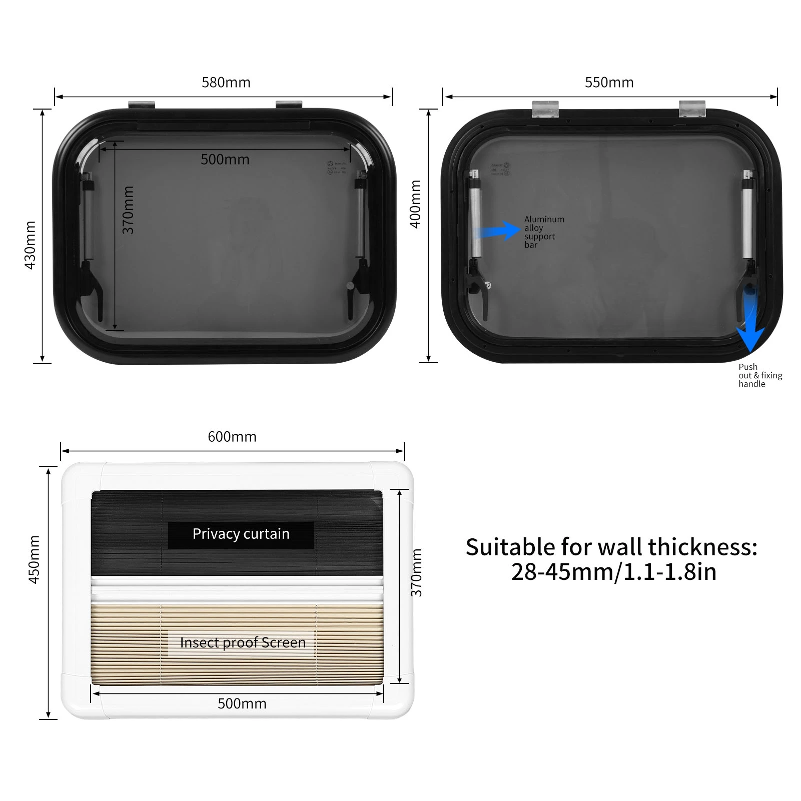 External Exit Window Insect Net Anti Oxidation UV Proof 550x400mm Double Layer Privacy Curtain Push Out Window for Trailer