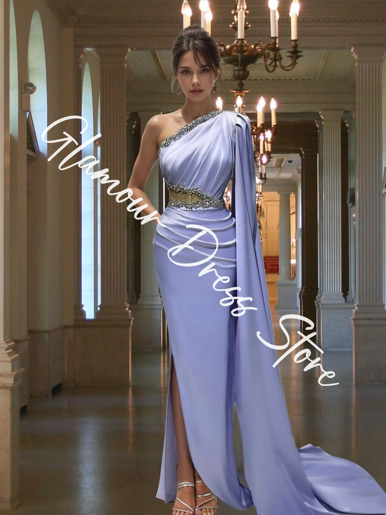 Customized Exquisite Satin Straight One Shoulder Crystal Evening Dresses Sleeveless Watteau Train Special Occasion Gow