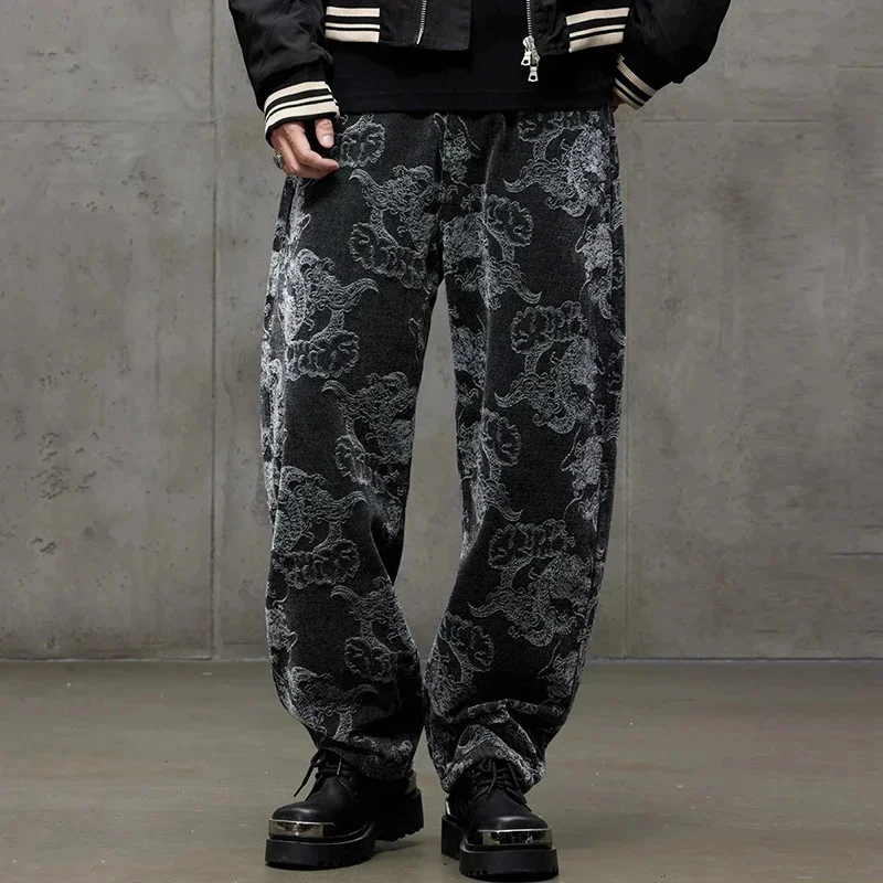 

casual pants for men spring autumn loose straight tube dragon embroidery jacquard high street niche wide leg floor long