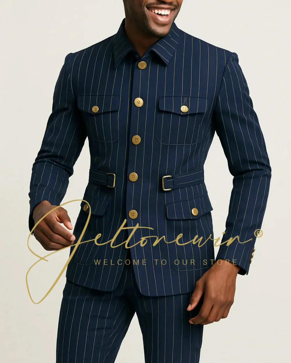 Men's Navy Blue Pinstripe Suit with Military Style Lapel and Four Functional Pockets Gold Buttons Slim Fit Two Piece Formal Wear