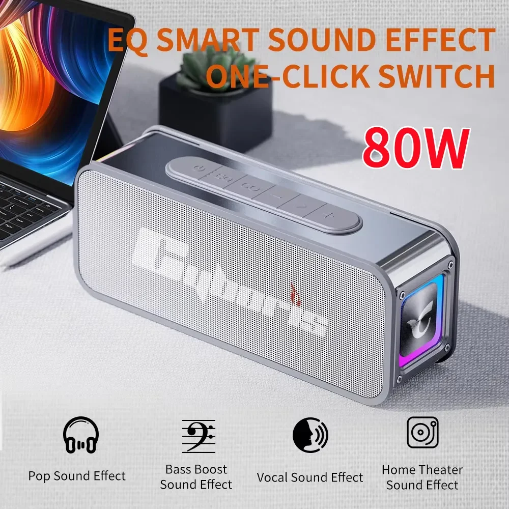 Poderoso alto-falante Bluetooth 80W IPX6 à prova d'água 5200mAh Bateria portátil interno externo alto-falantes sem fio de graves profundos com RGB