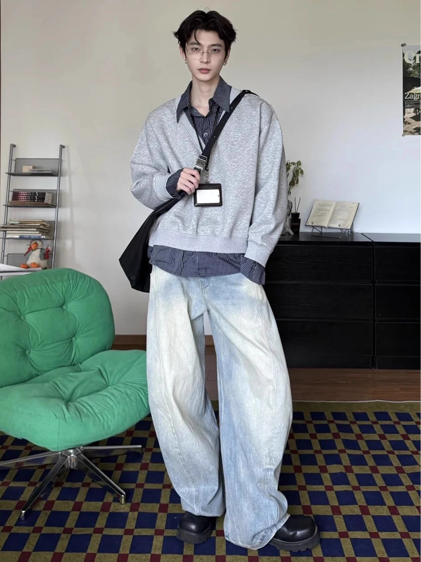 

Мужской свитшот в полоску с эффектом двухслойности, американский стиль, высококачественный базовый слой, осень-зима