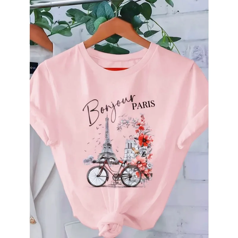 

Womens Bonjour Paris Graphic Tee Casual Short Sleeve with Eiffel Tower Vintage Style Bicycle Design Floral Summer Breathable Tee