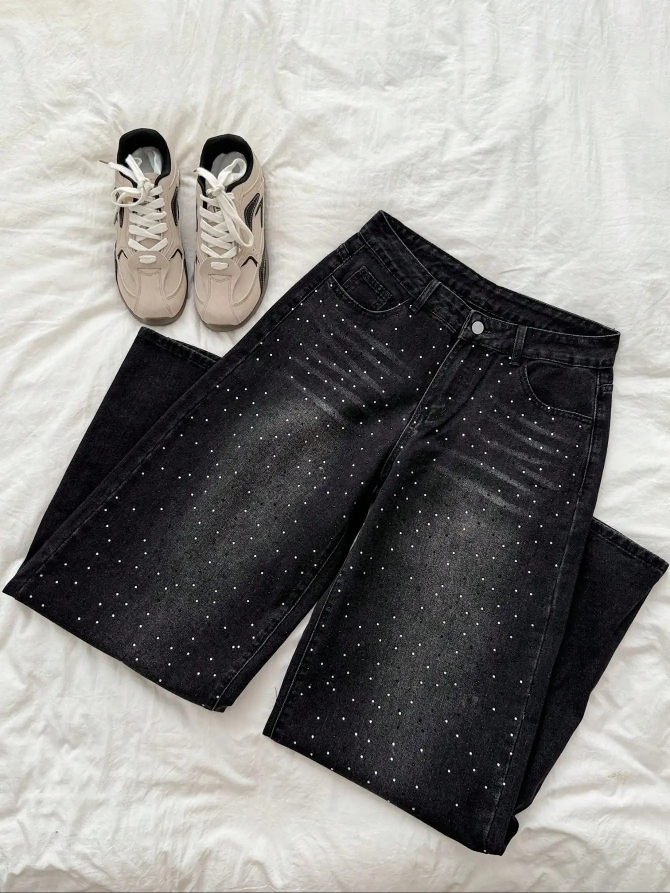 

Ретро-джинсы с широкими штанинами и стразами для женщин, осенняя мода