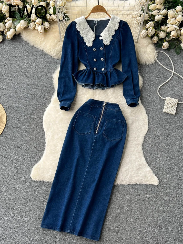 EWQ Sweet Casual Women Two-piece Set Solid Color Peter Pan Collar Lace Flower Denim Skirt Suit Spring Summer 2023 New SN0973