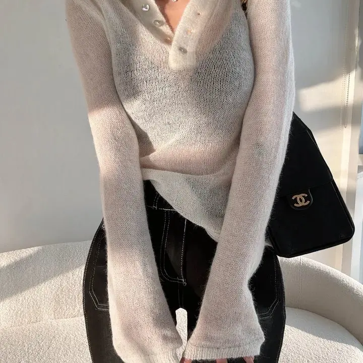 Ins Gentle Turn-down Collar Half Button Thin Knitwear Slightly Transparent  Hoof Wool Slim Long Sleeve Commute Top for W...
