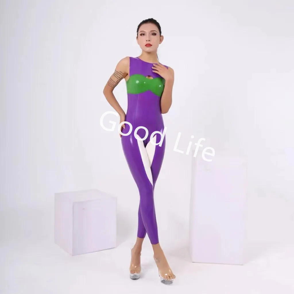 

New Arrival Handmade Female Sexy Latex Catsuit Mixed Color Rubber Bodysuit Sleeveless with Crotch Zipper