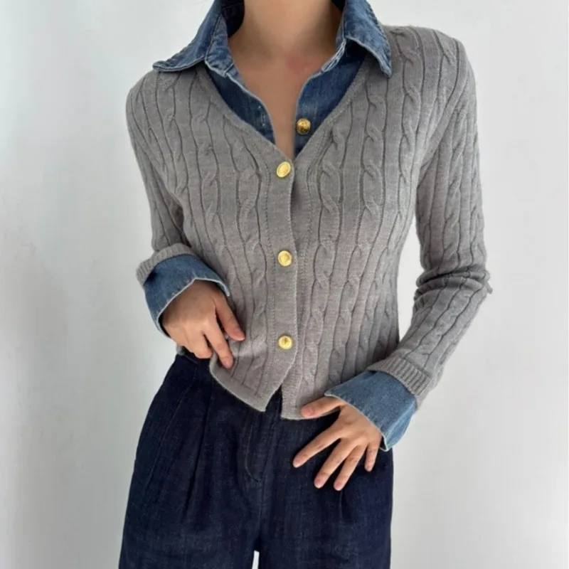 Denim Patchwork Fake Two Piece Sweater Women's Autumn Korean Chic Laple Long Sleeve Twist Knitted Cardigan Outerwears Ropa Mujer