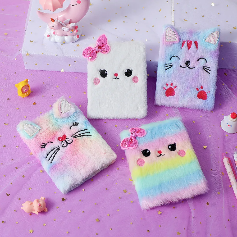 Cartoon Plush Mini Notebook Cute Cat Embroidery Journal Book Kawaii Portable Pocket Notepad Stationery Office School Supplies