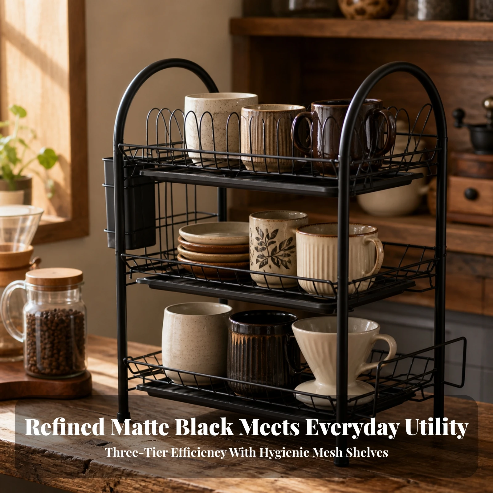 3-Tier Dish Drying Rack Rust-Resistant Dish Drying Rack with Drainage Tray Rustproof Sturdy for Families, Kitchen Counter