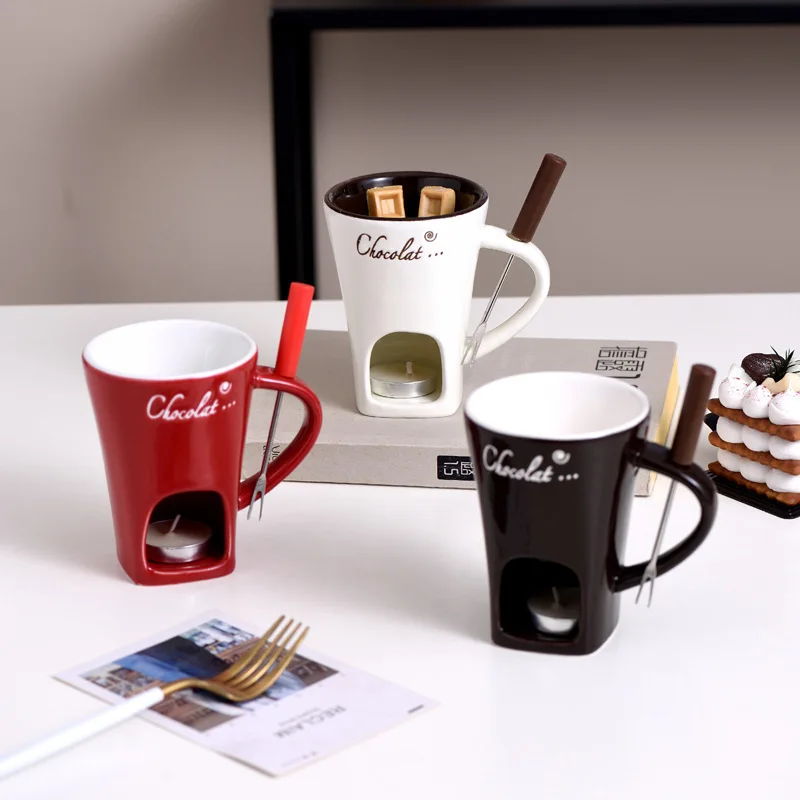 

Ceramic chocolate cup hot pot stove, Swiss ice cream hot pot cup, cheese fondue cup with forks as a gift