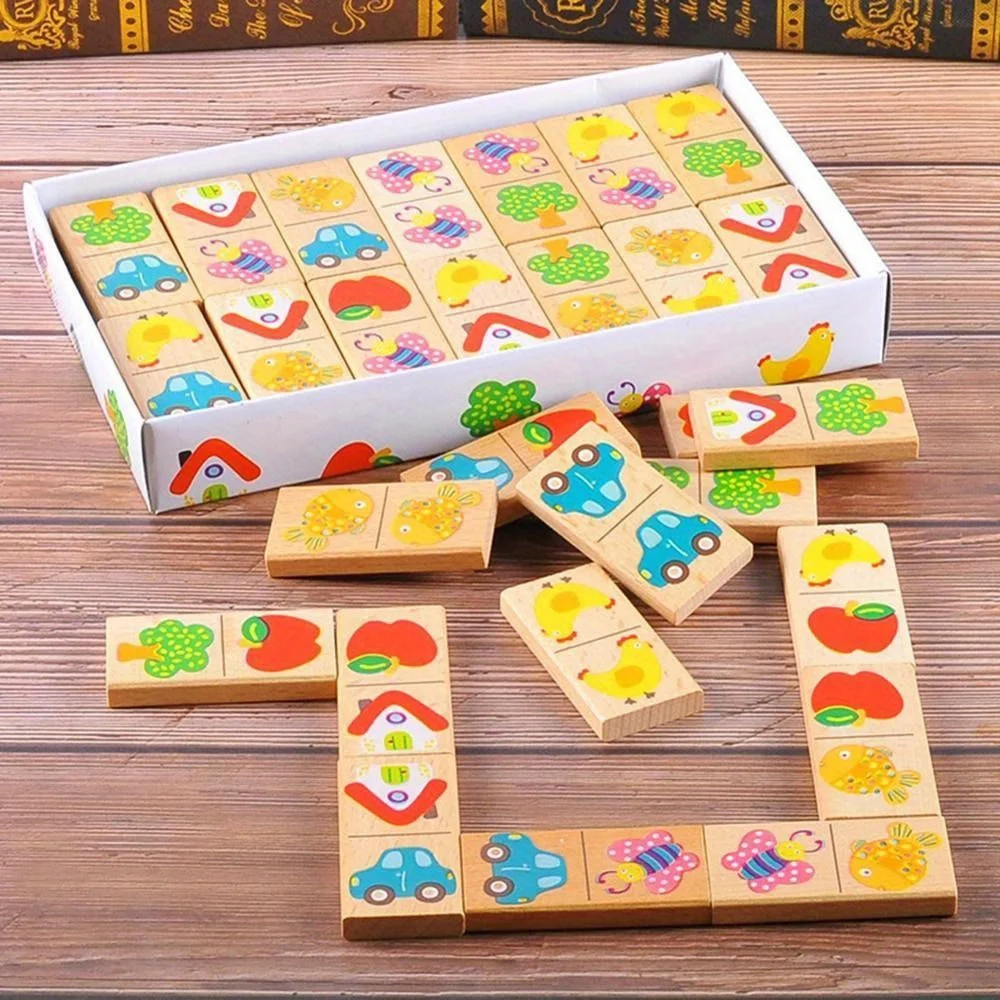 Wooden Fruit Animal Domino Puzzle Cognitive Building Blocks Stacked Toys Fun Educational Family Game for Logic Thinking Skills