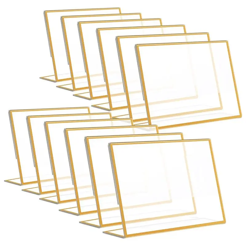 DT19 Gold Frame Acrylic Sign Holder Slanted Menu Double Sided Stand 4x6 Inch Horizontal for Wedding Table Centerpieces 12 Pack