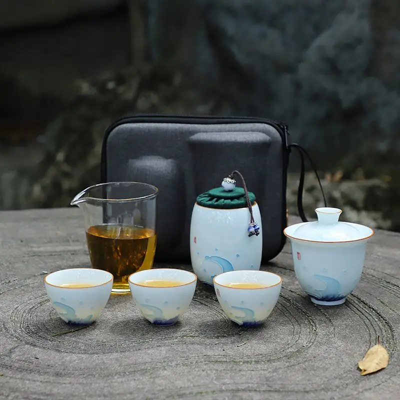 

Portable Hand-Painted Travel Kung Fu Tea Set 1 Gaiwan 3 Cups with 1Tea Canister Outdoor Ceramic Tea Maker Friend Birthday Gift