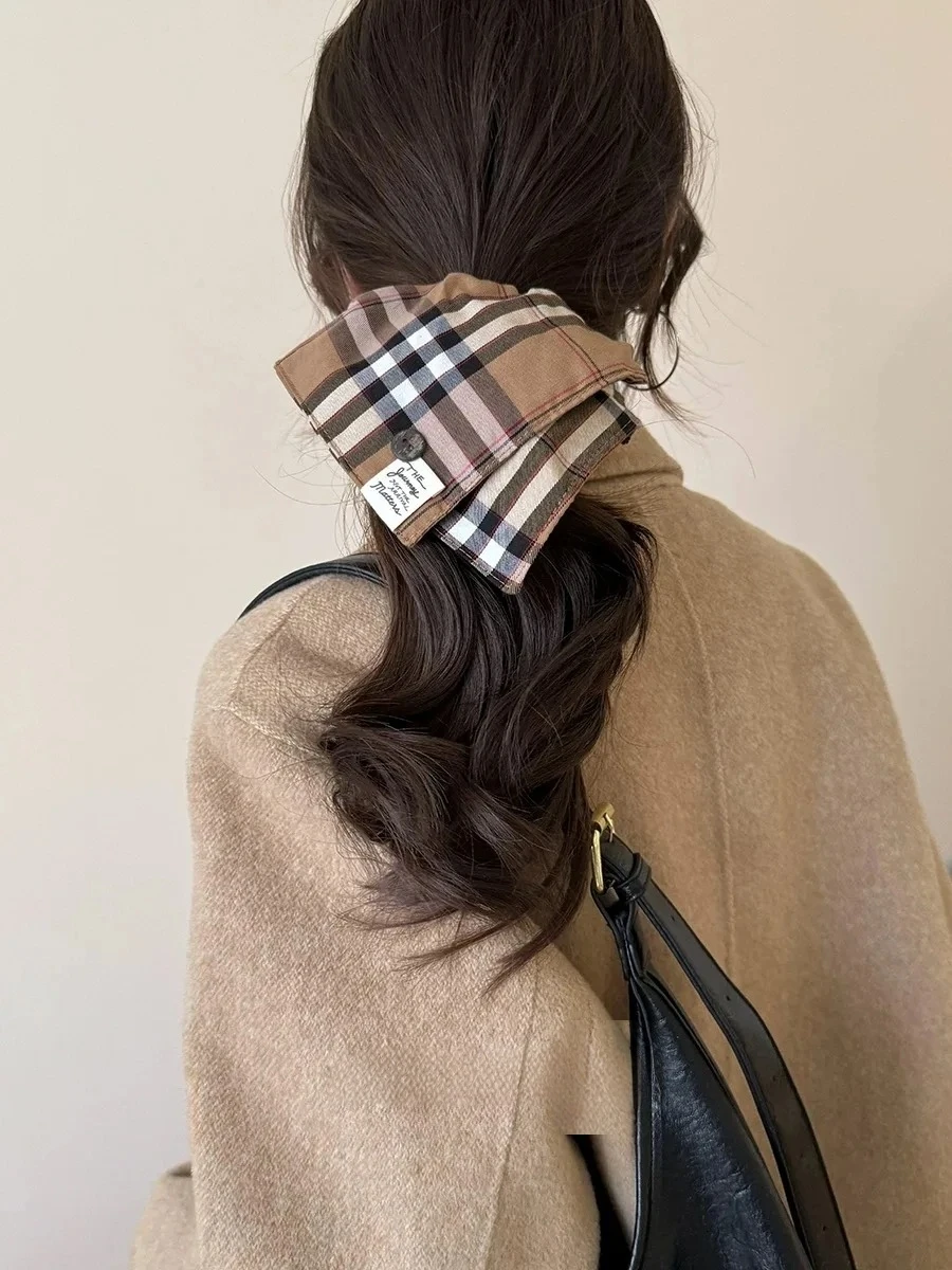 1PC Vintage British Style Checkered Square Hair Tie Fashion Button Elastic Rubber Band for Low Ponytail Versatile Headwear image 2
