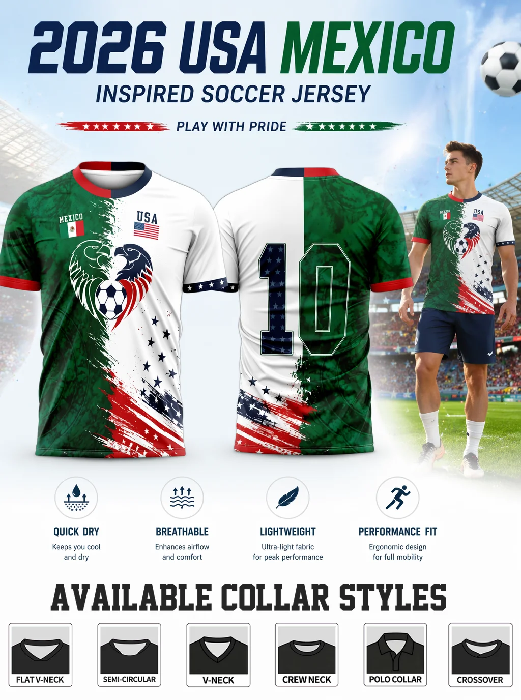 USA‑Mexico split soccer jersey, double‑eagle heart‑ball print, quick‑dry & breathable, comfy fit, multiple collar styles