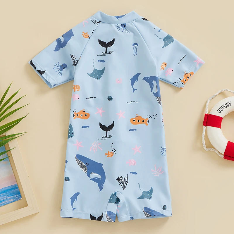 2022-12-13 Lioraitiin 0-4Years Toddler Baby Summer Bikini Jumpsuit Marine Life Print Short Sleeve Round Neck Front Zipper Shorts