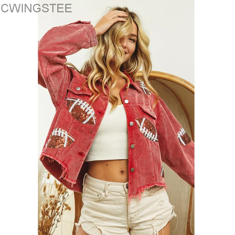 New Sports Casual Corduroy Jackets For Women Retro Turn-down Collar Football Sequins Tassel Women's Jacket Long Sleeve Jackets