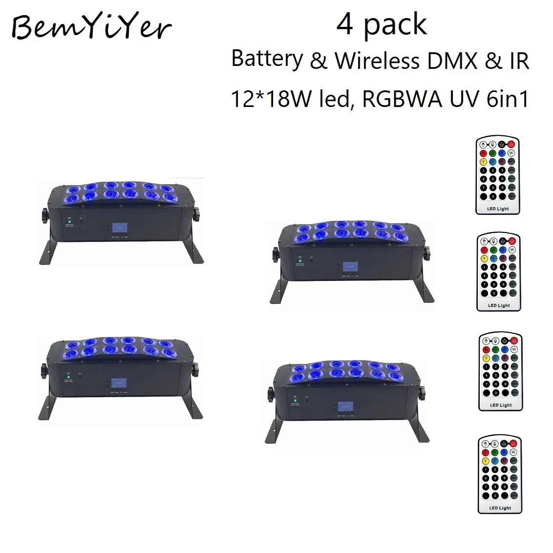 

4pack 12x18W Battery operated DJ led Par Uplights wash bars Wireless DMX Remote control/RGBWA+UV 6in1 for DJ events