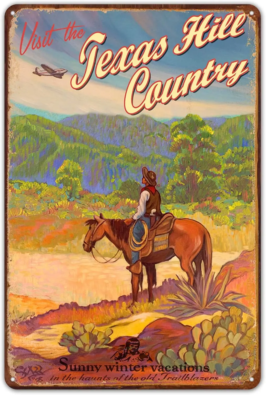 علامات معدنية لتزيين الحائط من Agedsign، علامة بلد تكساس هيل، الفن، البرية الجنوبية الغربية القديمة، علامة رعاة البقر الرجعية من الألومنيوم