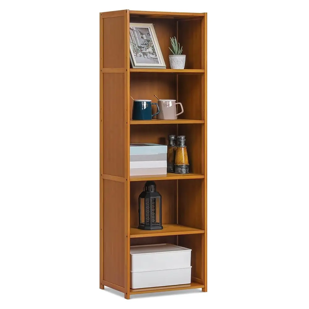 

Bamboo 5 Tier Free Standing Narrow Bookcase Display Storage Shelves Collection Décor Furniture For Home Office Living Room,