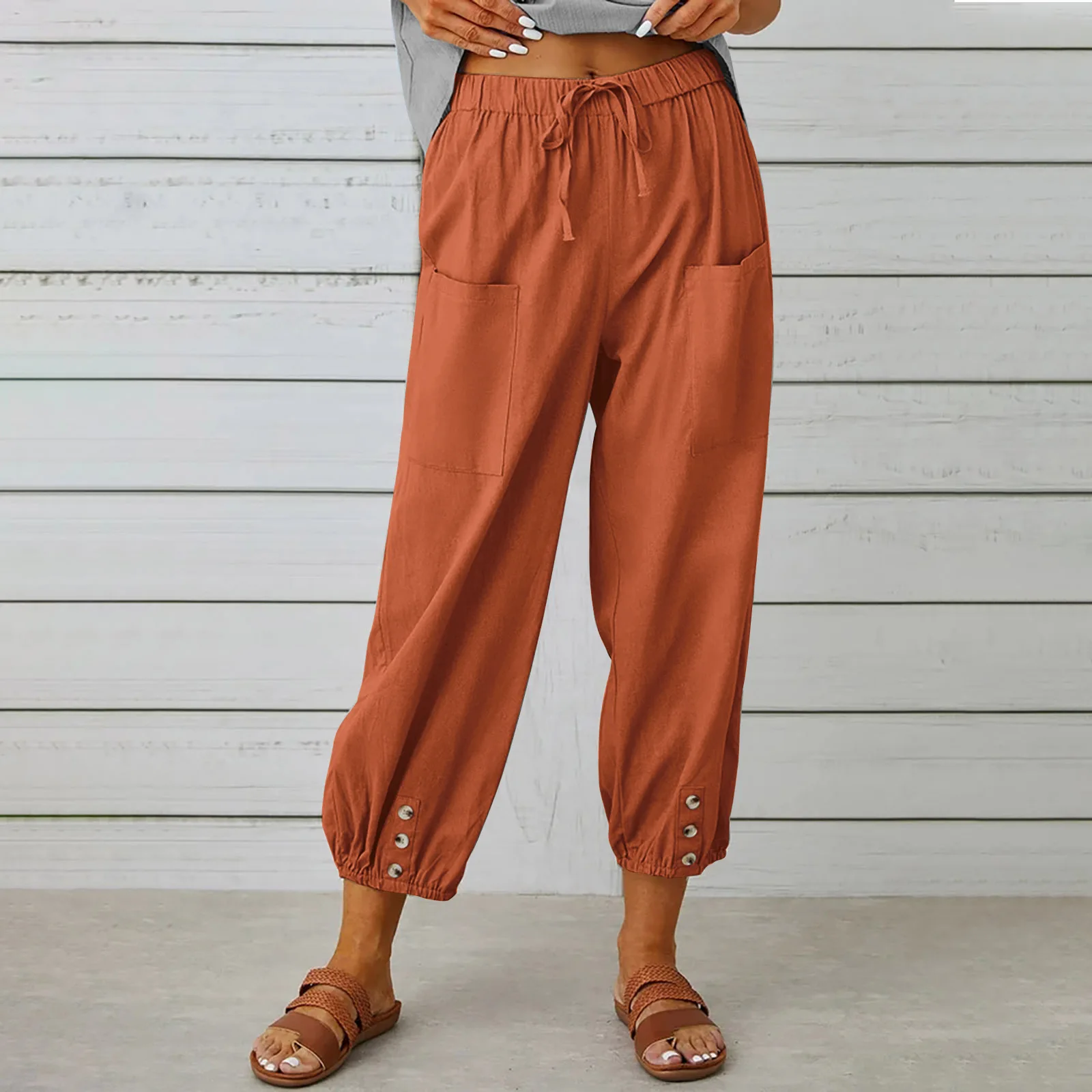 Women's Loose Casual Pants High Waist Buttoned Cotton Linen Pants Pocket Drawstring Nine-Point Pants Wide Leg Women Pants