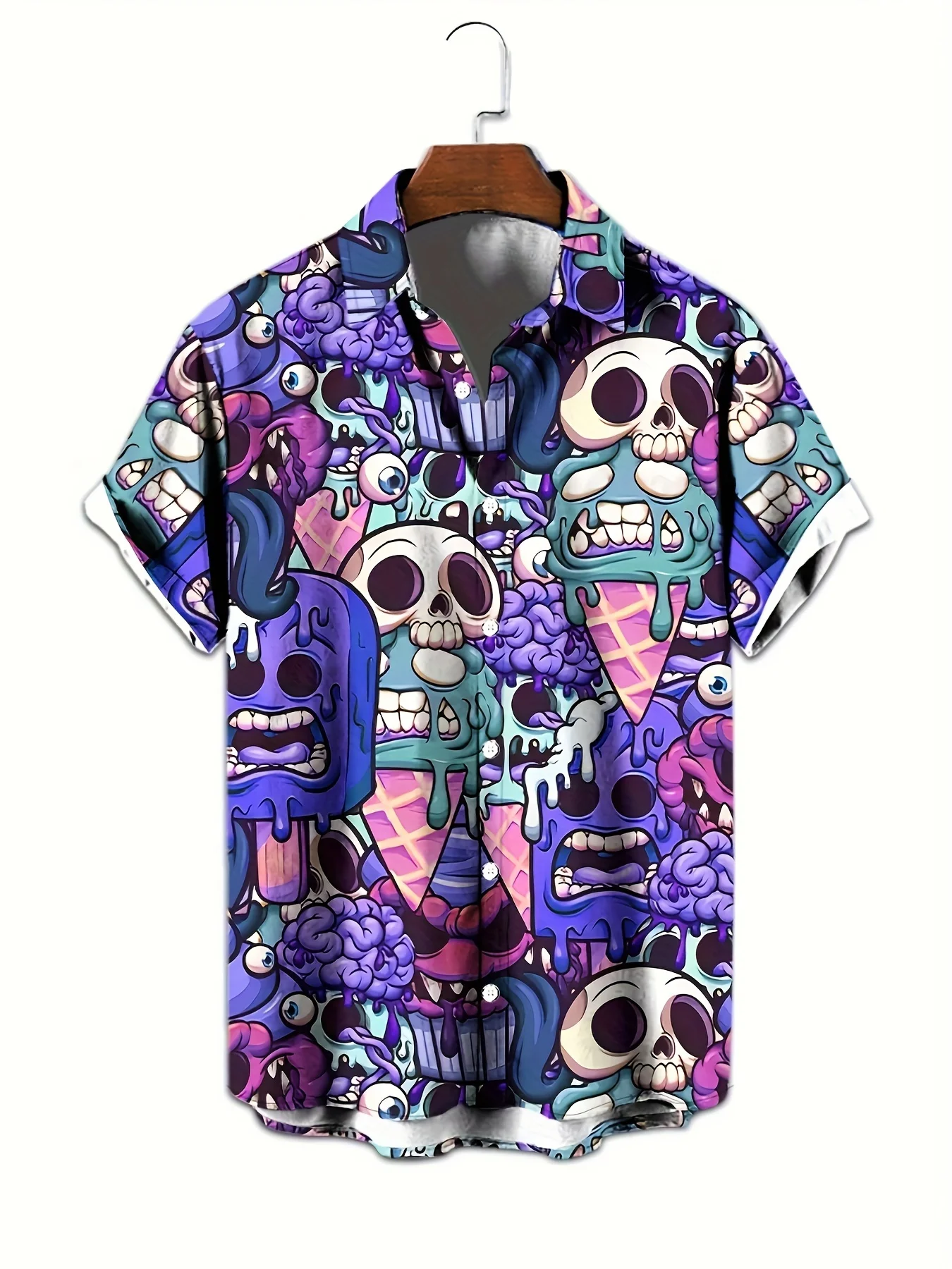 Psychedelic Skull Ice Cream Monster Graffiti Pattern Unisex Short Sleeve Blouse Camp Collar Loose Novelty Vacation Shirt