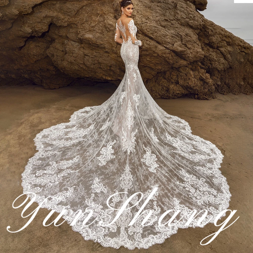 YunShang Customized Romantic Long Sleeve Intricately Embroidered Lace V Neck Mermaid Wedding Dress with Graceful Sheer Back Sexy image 3