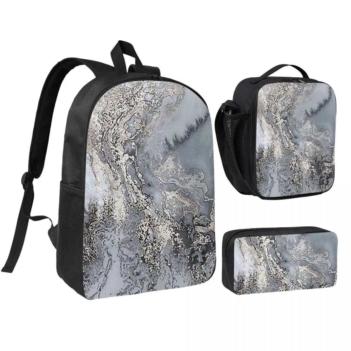 

Grey And Silver Marbl Backpack Boys Girls BookBag School Bag Shoulder Bags 3ps Insulated Lunch Bag Pencil Case