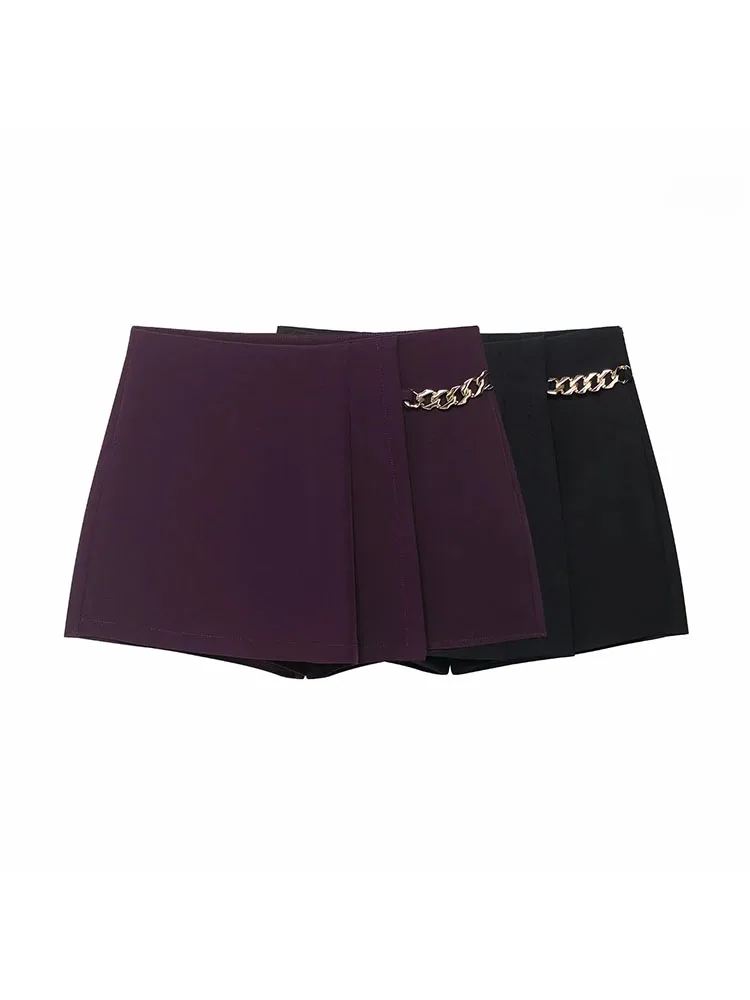 Faldas con cremallera lateral lisa y cadena para mujer, pantalones cortos Vintage de cintura alta, pantalones cortos elegantes para mujer 2025