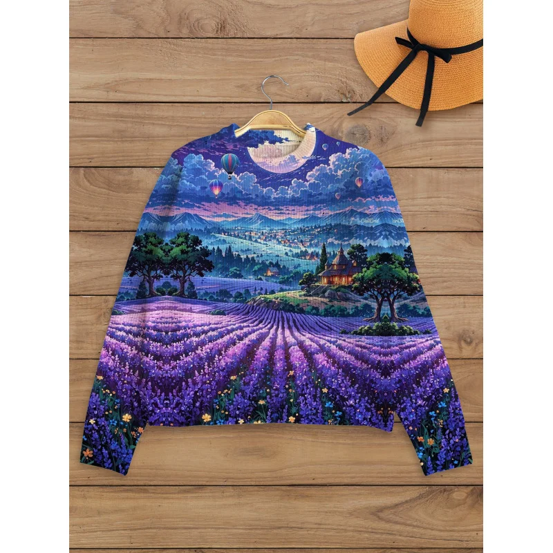 

Свежий литературный фиолетовый цветочный узор с цифровым принтом, женский свитер, вязаный пуловер, свободный круглый вырез, длинный рукав, плотная осень