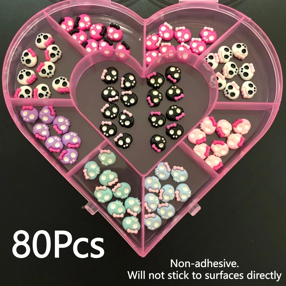 80Pcs Halloween Colorful Sweet Mini Goth Skull Head Resin Charms Diy Ballet Rounded Oval Fingernails Junk Phone Case Decorations