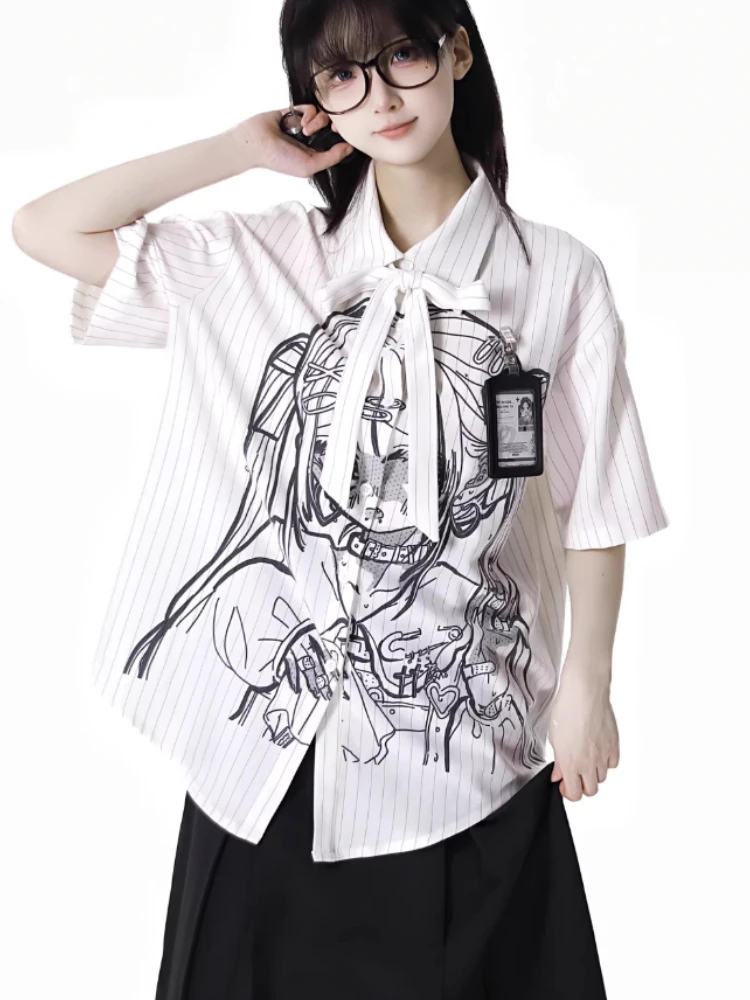 ADAgirl Harajuku Striped Short Sleeve Blouse for Teengirls Japanese Anime Print Shirt with Bow Summer Gothic Punk Cute Clothes