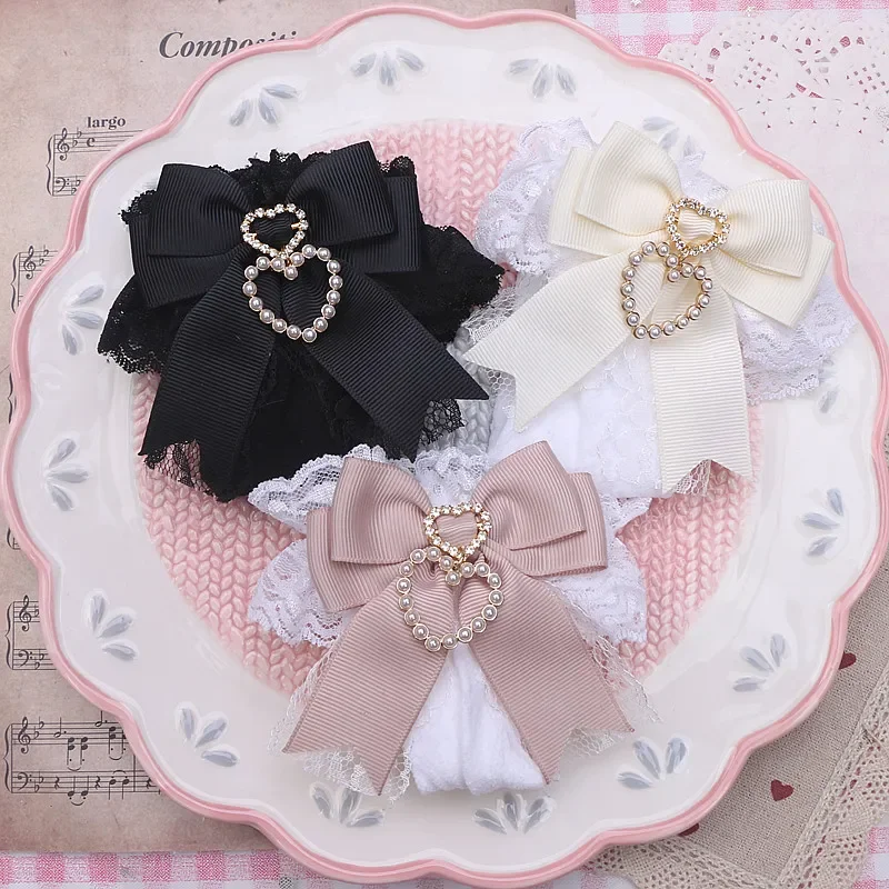 Kawaii Girls All-matching Long Socking Handmade Sweet Lolita Bow Pearl Heart Pendant Lace Mid-Calf Crew Socks Japanese Stocking