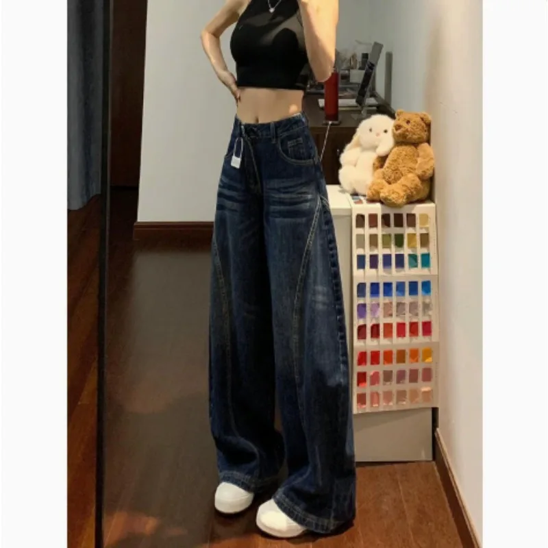 Deep Blue Wide Leg Denim Jeans Women's Early Autumn New American High Waist Loose Design Sense Floor-Length Pants