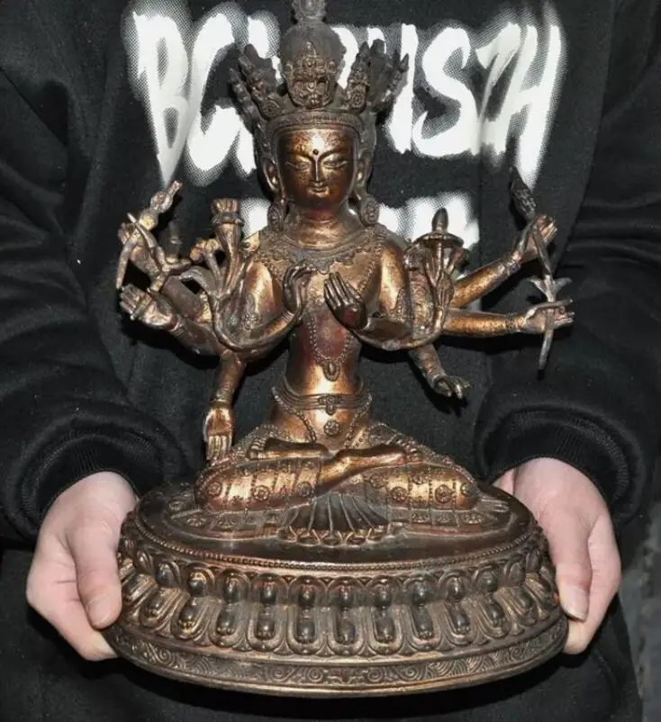 12.4'' Tibet bronze gilt 3 Head 8 Arms Namgyalma & Ushnishavijaya Buddha Statue