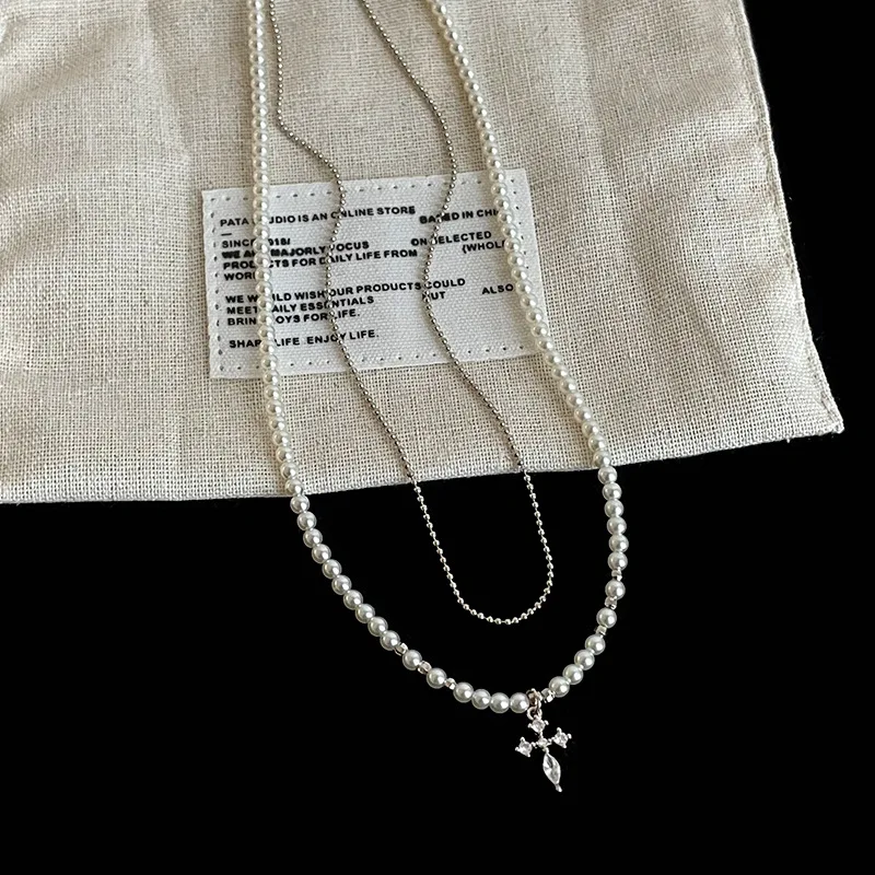 Minar Sweet Cool CZ Cubic Zirconia Cross Pendant Necklaces for Women Female Double Layered Simulated Pearl Beads Chain Chokers