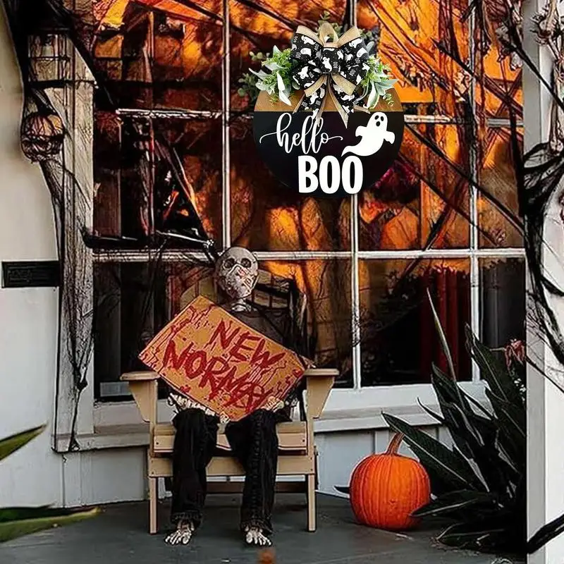 花輪のハロウィーンの看板、ゴーストドアの看板、弓付きのブー装飾、木製のドアの花輪、庭の壁の不気味な装飾、ハロウィーンのパーティー