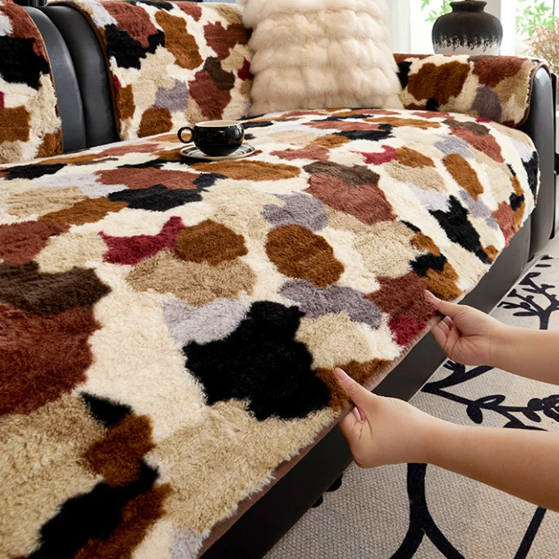 Mixed Color Block Plush Sofa Cushion Thick Faux Rabbit Fur Warm Couch Slipcover Autumn and Winter Anti-Skid Mat for Living Room