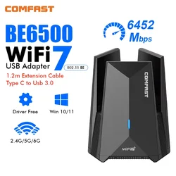Comfast BE6500 Wifi 7 Adaptador Usb 6Ghz/5G/2G Adaptador Wifi7 Cle USB3.0 receptor Antena Para PC tarjeta de red Dongle de unidad libre