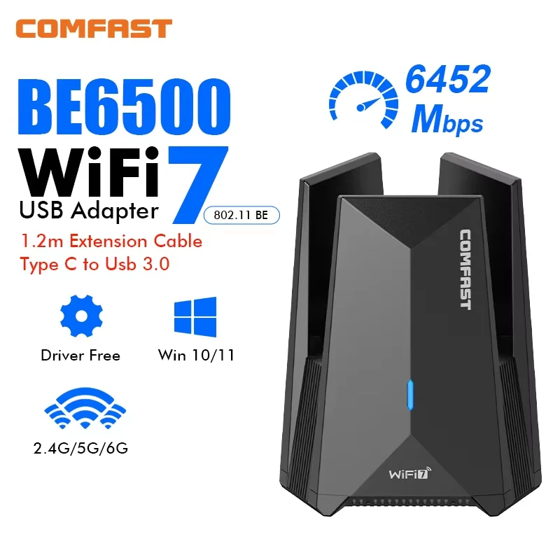 COMFAST 6500Mbps Wifi7 USB Adapter 6Ghz/5G/2G Wifi7 USB3.0 Receiver WIFI Antenna Wireless Network Card Free Drive For Win 10/11