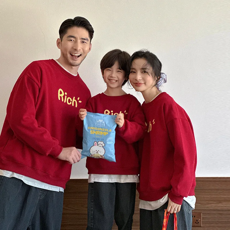 

2025 New Year Family Matching Hoodie Set Red Parent-child Round Neck Sweatshirt Winter Festive Outfit