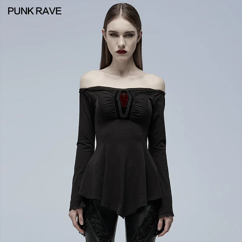 PUNK RAVE Women's Gothic Slash Neck A Line Long Sleeve T-shirt Elastic Cotton Knitted Black Tops Spring/AUtumn Woman Tshirts