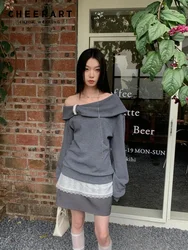 CHEERART Off The Shoulder Kawaii Sweatshirt Women'S Hoodies Grey Long Sleeve Pullovers Tops Woman 2024 Fall Clothes