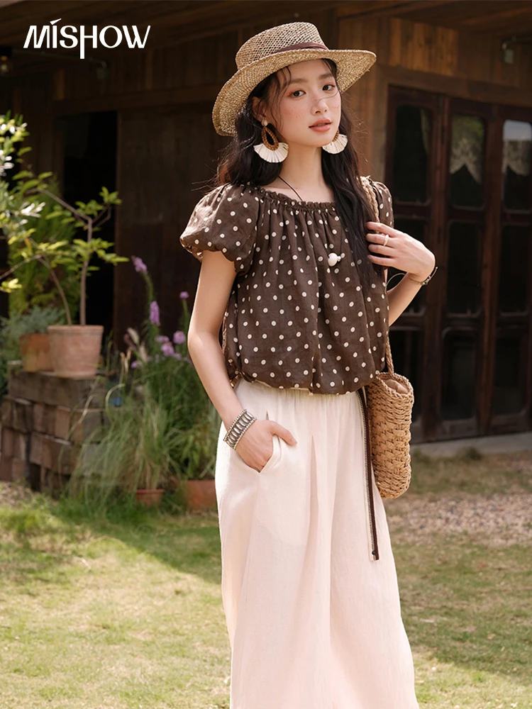 MISHOW Set Dua Potong Wanita Blus Lengan Puff Satu Bahu Polka Dot Fashion Musim Panas 2025 Set Celana Kaki Lebar Kasual MXE38T0683