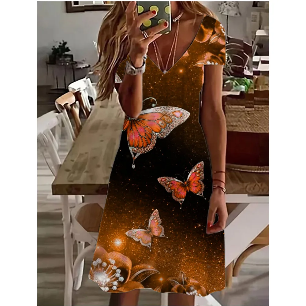 Women Casual Short Sleeve T-shirt Mini Dress Basic Colorful Floral Flower Butterfly Funny 3d  Print Vacation Dresses For Beach