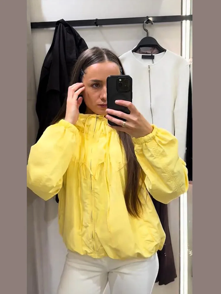 Reißverschluss-Mantel mit langen Ärmeln und Schleifenkappe für Damen, Streetwear mit Laternenärmeln, Schnürung, einfarbig, locker sitzender Mantel, modische Damen-Oberbekleidung, neu – Detail 7
