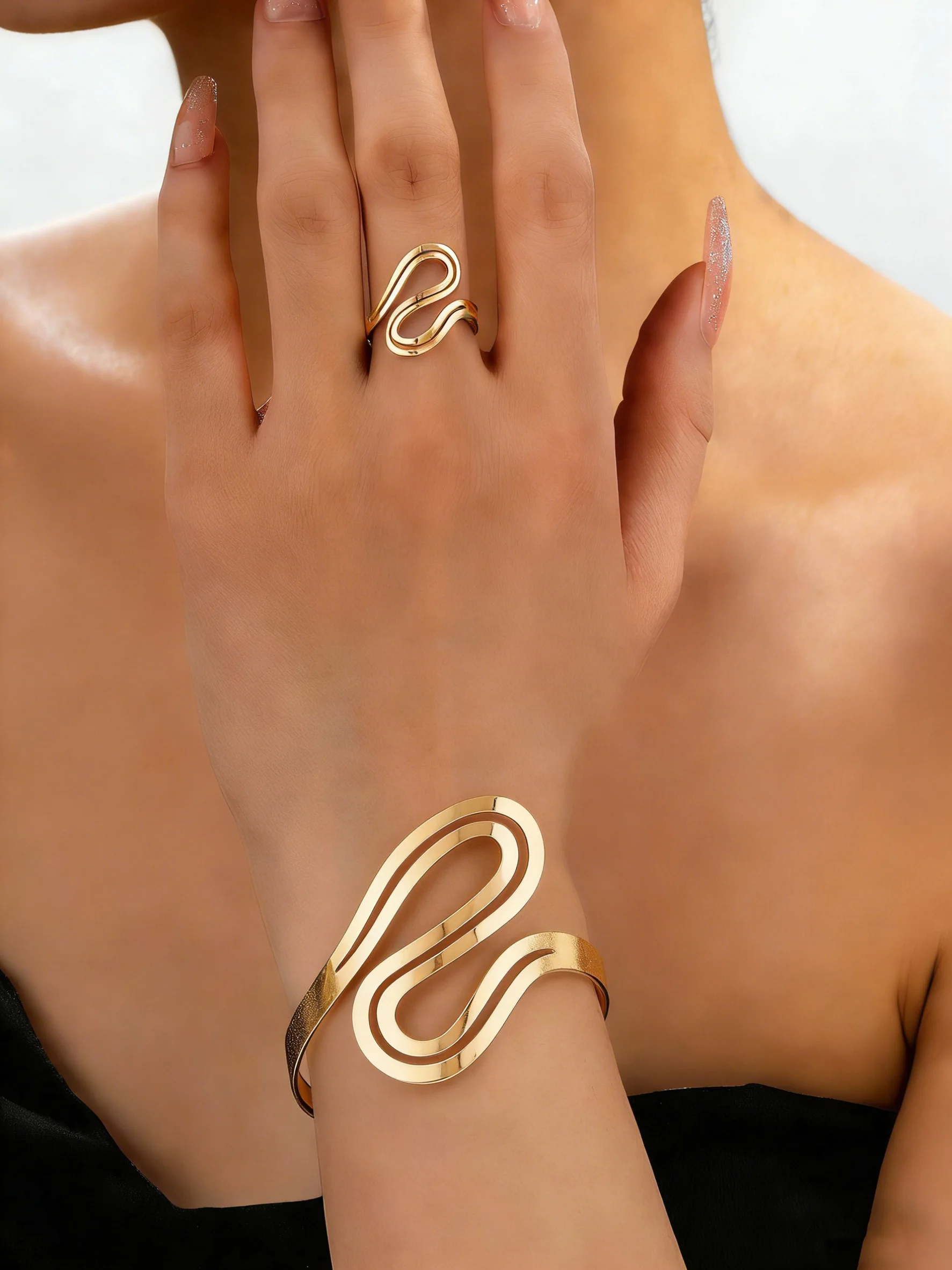 

Gold & Silver Double-Layer S-Shaped Hollow Bangle Ring Set, Summer Snake-Style Open Adjustable Jewelry