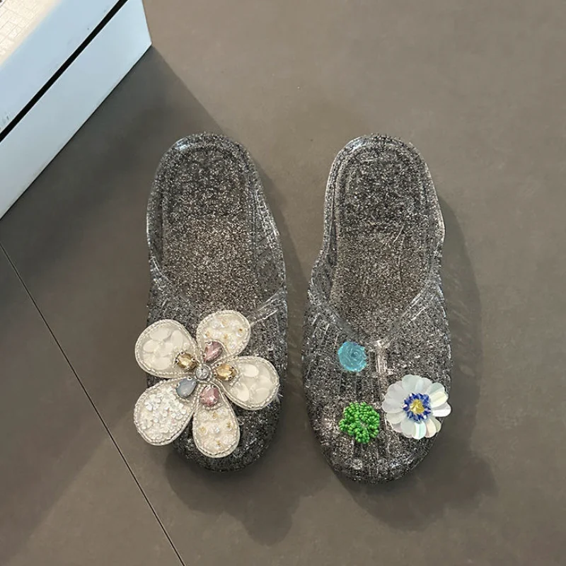 Korean Crystal Flower Jelly Shoes Women's Dopamine DIY Shoe Accessories Ballet Shoes Woman 2026 Summer Soft Soles Pvc Sandals view 4